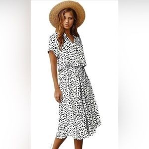Neck Button Cuffed Short Sleeve Leopard Drawstring Waist Flowy Midi Dress XL
